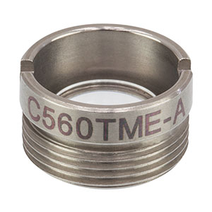 C560TME-A - f = 13.86 mm, NA = 0.18, WD = 12.11 mm, Mounted Aspheric Lens, ARC: 350 - 700 nm